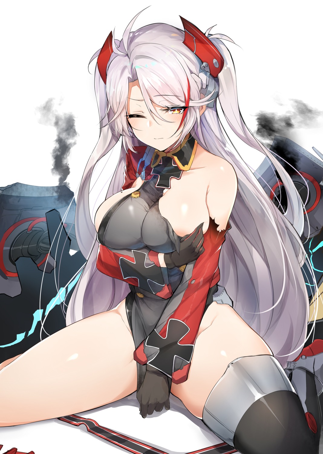 areola azur_lane breast_hold mengda no_bra nopan prinz_eugen_(azur_lane) thighhighs torn_clothes uniform