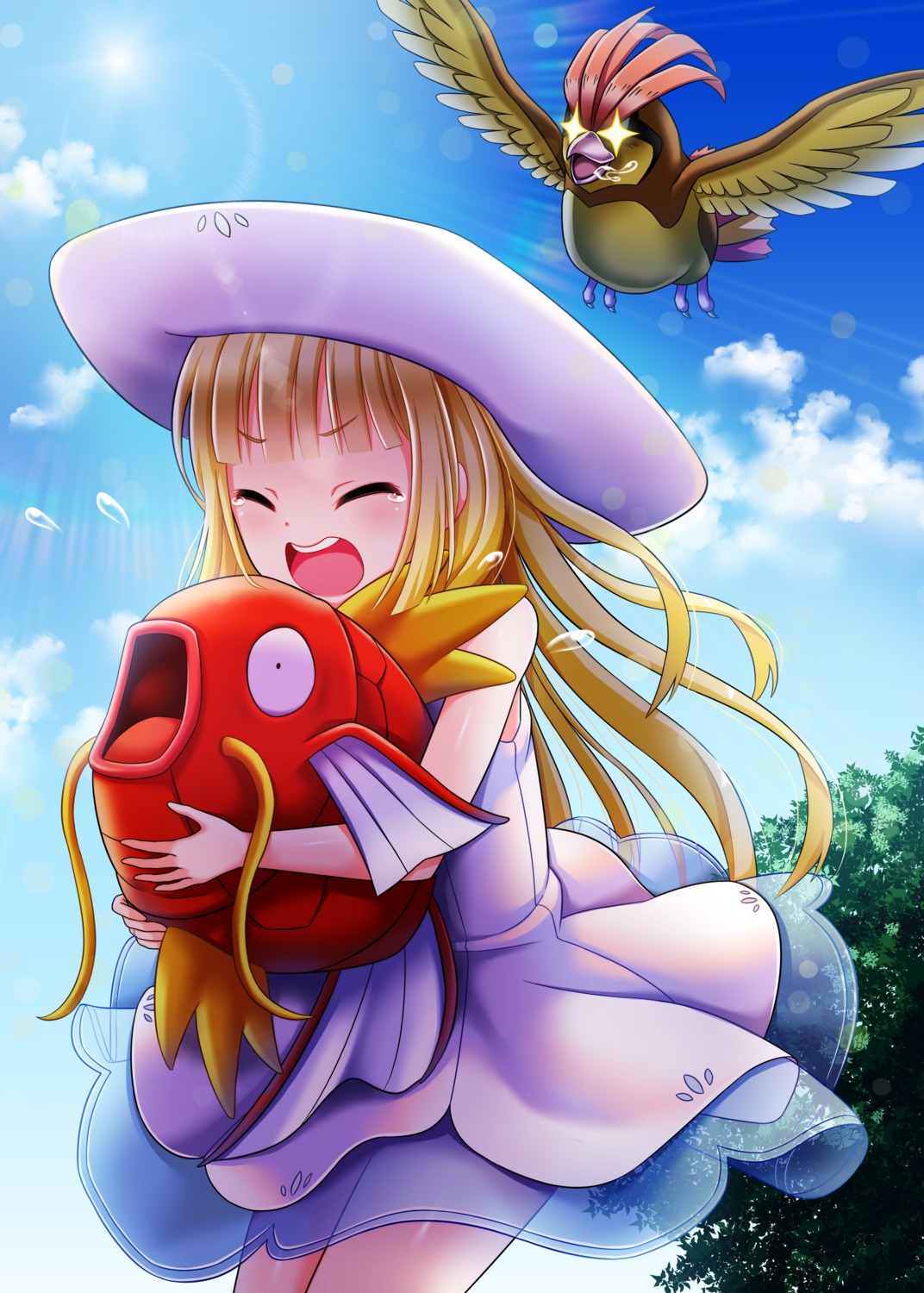 bluebird_(bluebird90) dress lillie_(pokemon) magikarp pidgeotto pokemon pokemon_sm pokemon_usum see_through summer_dress