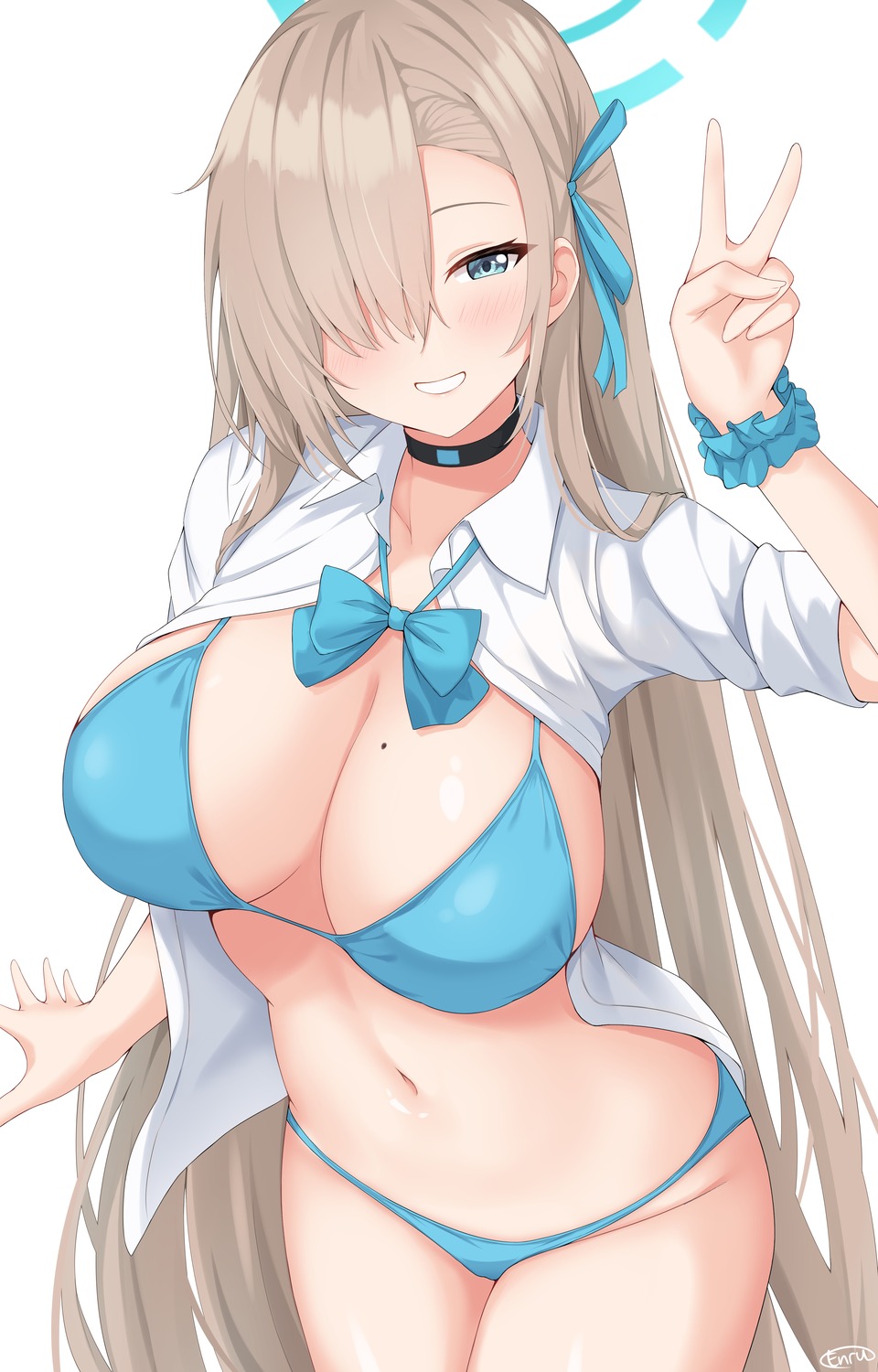 bikini blue_archive enru halo ichinose_asuna open_shirt seifuku swimsuits