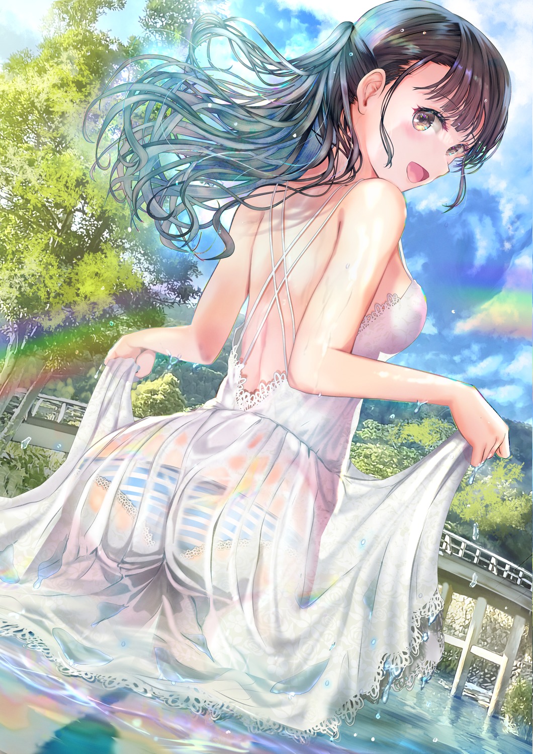 ass dress no_bra ogata_tei pantsu see_through shimapan summer_dress thong wet wet_clothes