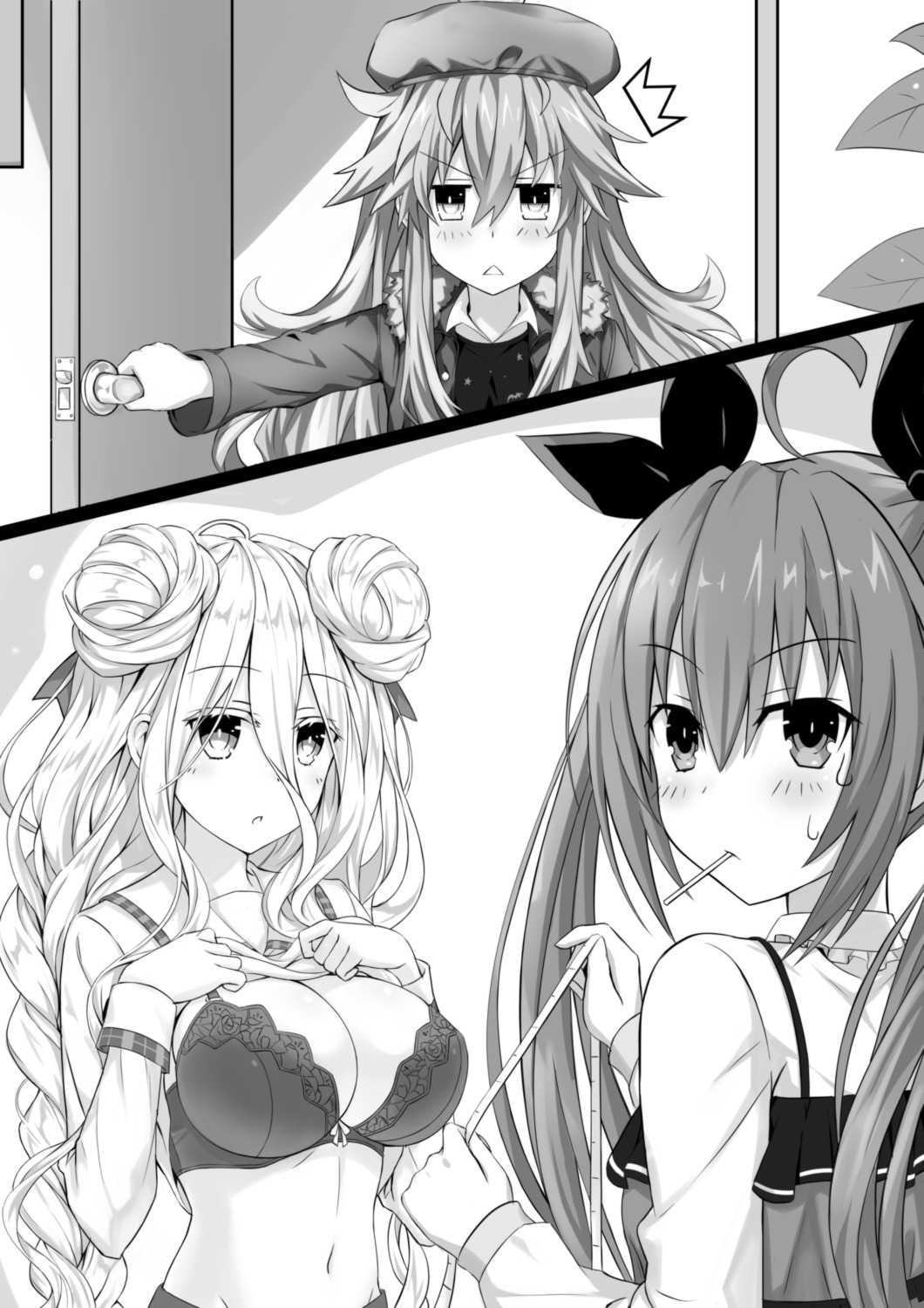 bra breast_hold cleavage date_a_live hoshimiya_mukuro itsuka_kotori kyouno_natsumi monochrome seifuku shirt_lift tsubasaki