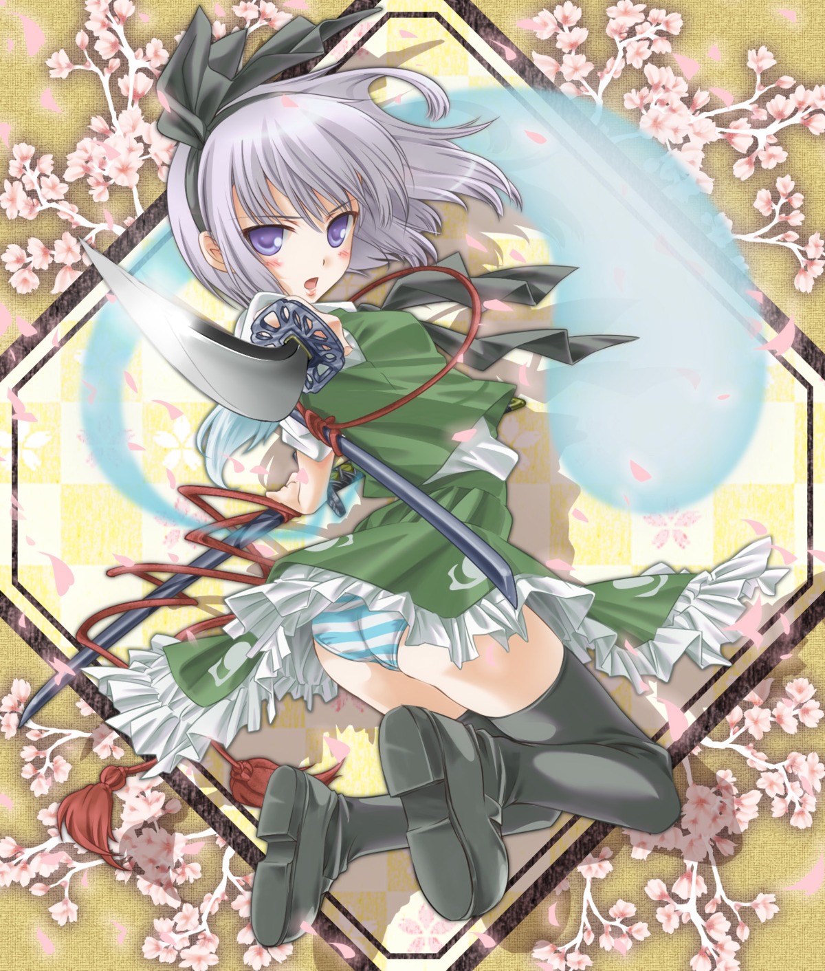 daifuku1285 konpaku_youmu pantsu shimapan sword thighhighs touhou