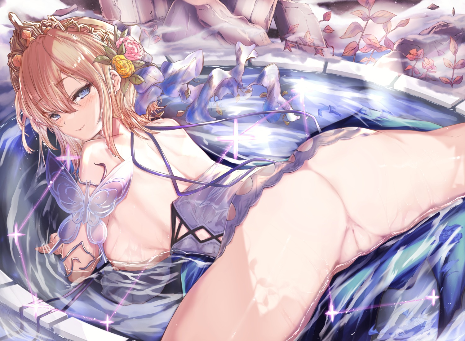 ass breasts dress europa_(granblue_fantasy) granblue_fantasy mathiamo13 nipples no_bra nopan pussy see_through skirt_lift uncensored wet wet_clothes