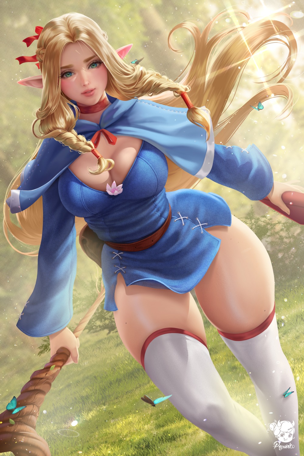 cleavage dress dungeon_meshi elf marcille_donato official_watermark pointy_ears prywinko skirt_lift thighhighs weapon