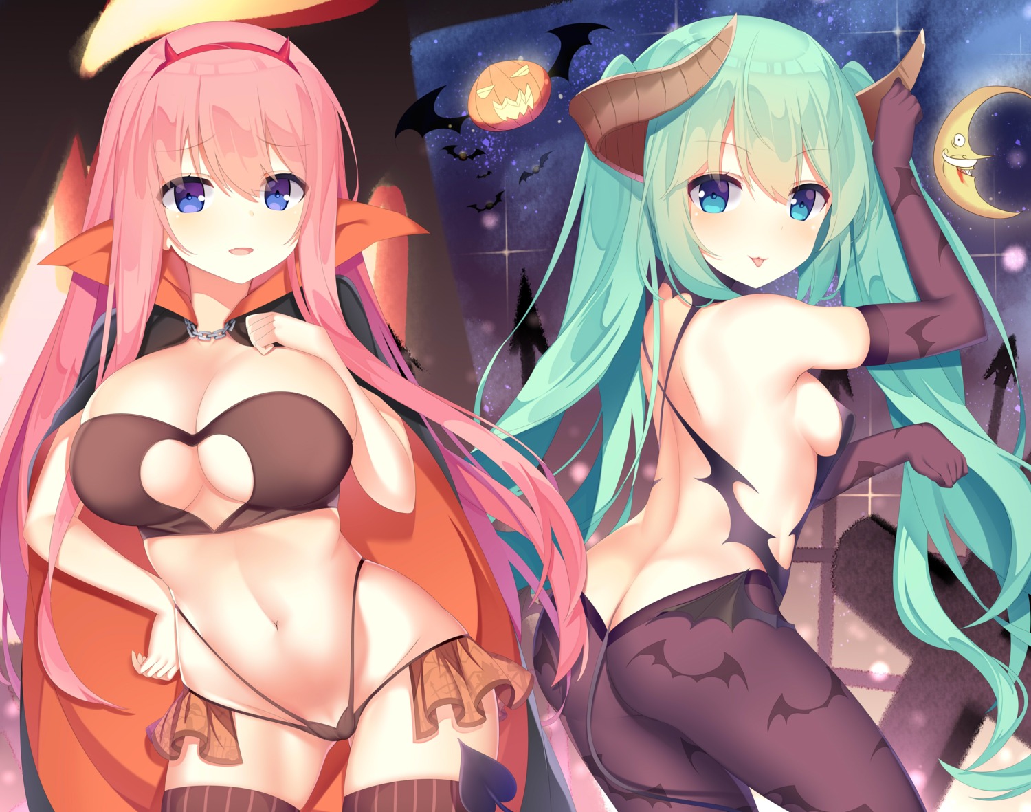 ass cleavage halloween hatsune_miku horns jyt megurine_luka pantsu pantyhose tail thighhighs vocaloid wings