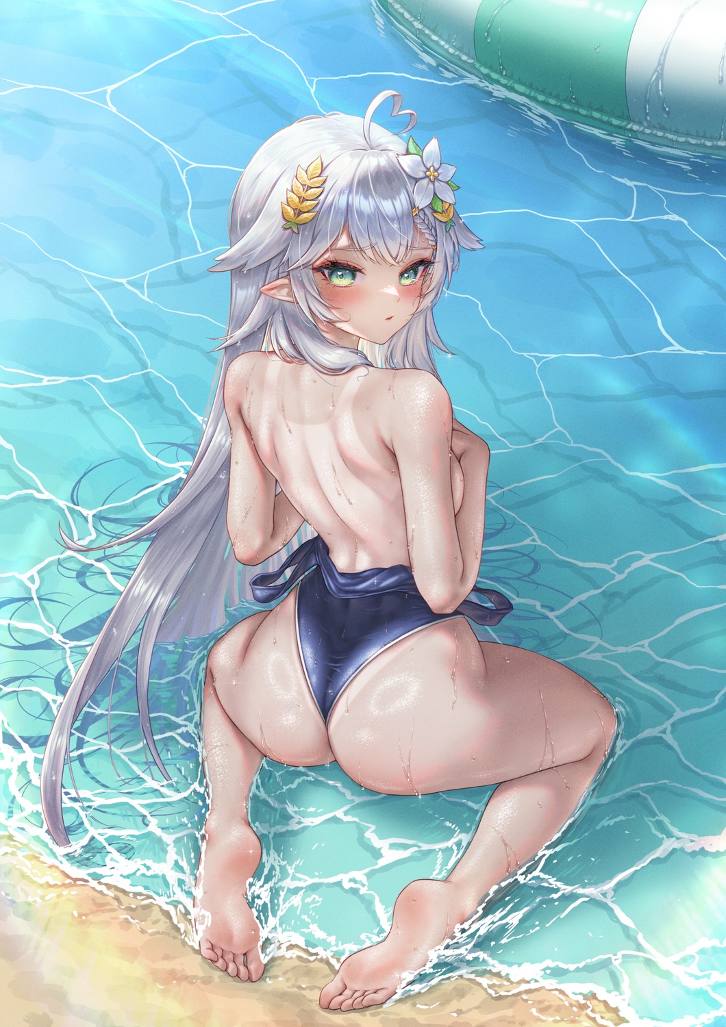ass breast_hold nomalman pointy_ears swimsuits wet