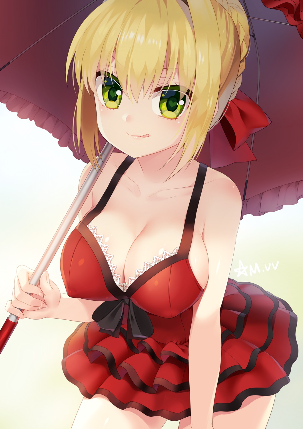 cleavage dress erect_nipples fate/extra fate/stay_night m.vv saber_extra umbrella