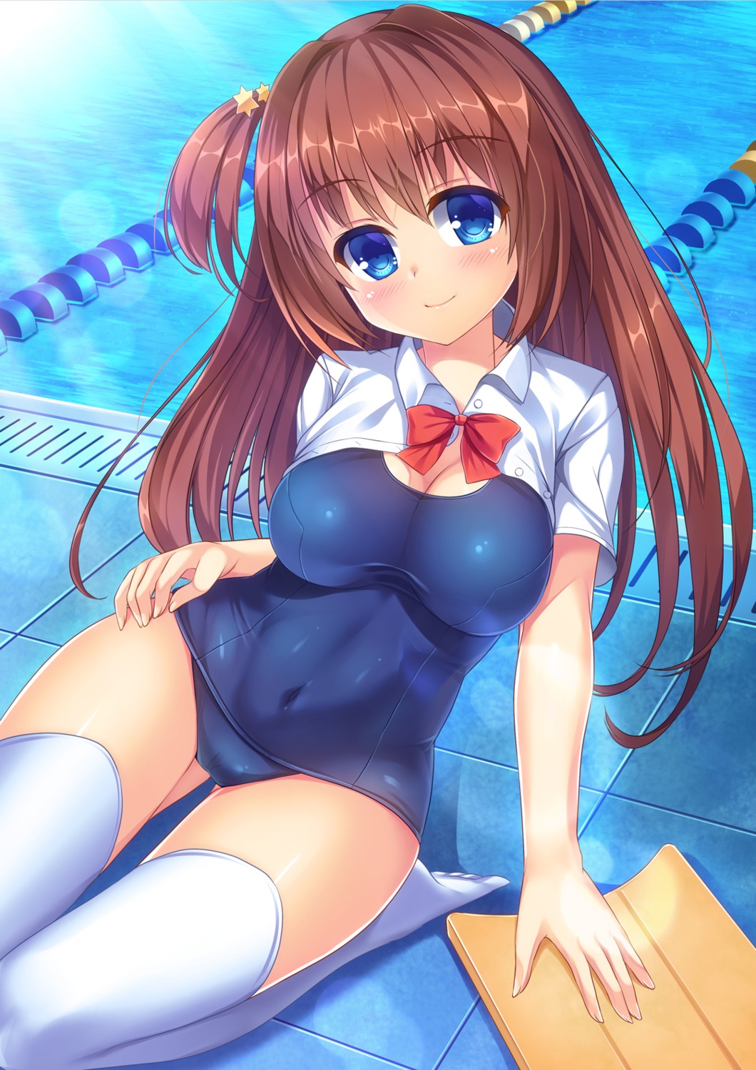 cleavage open_shirt school_swimsuit seifuku swimsuits tagme thighhighs