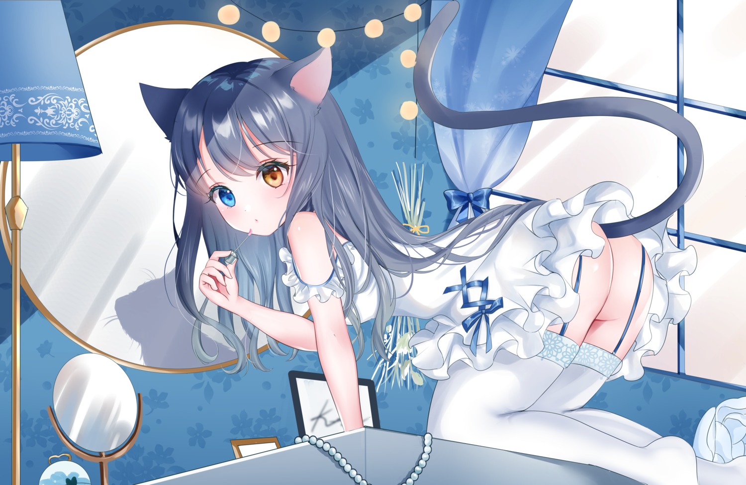 animal_ears ass dress heterochromia nekomimi nopan skirt_lift stockings tail thighhighs tsukimiya_sara