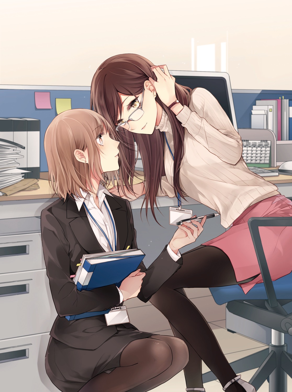 business_suit haru_(haru2079) megane pantyhose sweater yuri