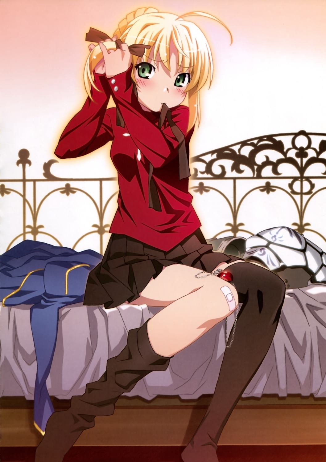 bandaid cosplay fate/stay_night saber thighhighs undressing watanabe_akio