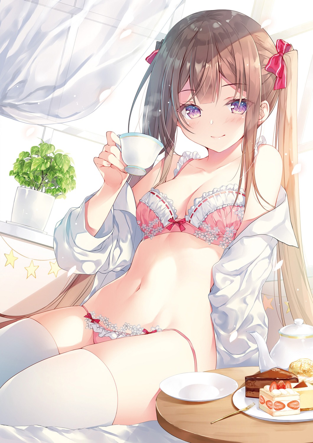 bra dress_shirt miwabe_sakura open_shirt pantsu string_panties thighhighs