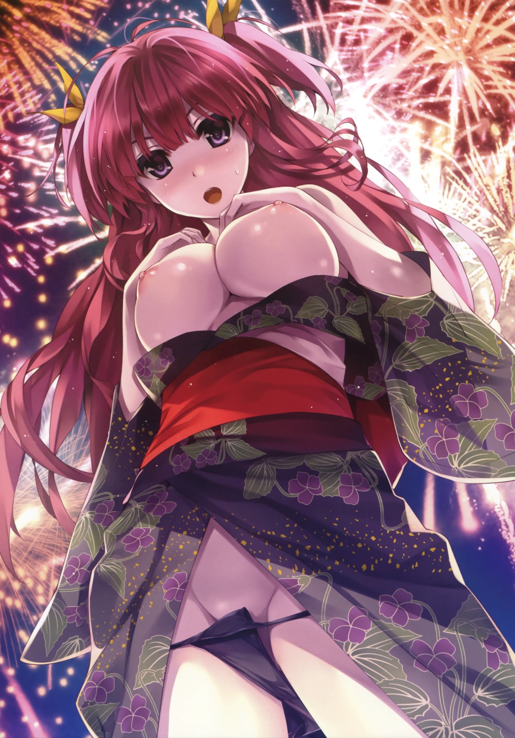 breast_hold breasts comic_aun kimono misaki_kurehito nipples no_bra open_shirt pantsu panty_pull