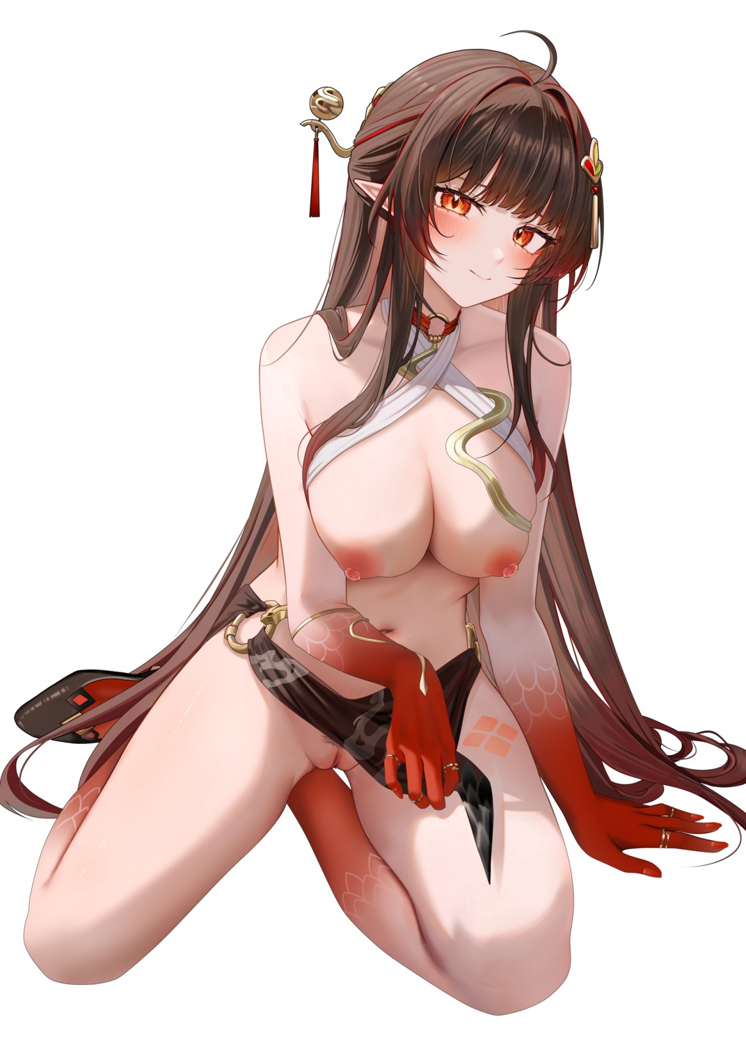 asian_clothes breasts heels honkai:_star_rail lingsha nipples no_bra nopan pointy_ears pubic_hair pussy ru_zhai skirt_lift tattoo uncensored