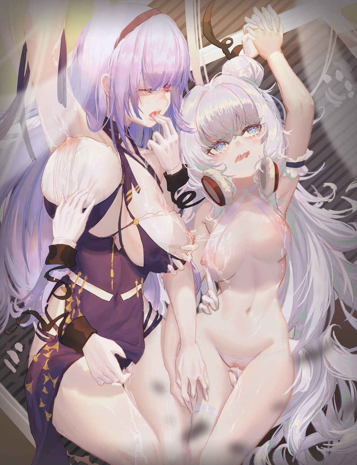 azur_lane bikini breast_grab chinadress dido_(azur_lane) fingering headphones lactation le_malin_(azur_lane) night_(theninth_cycle) nipples no_bra pantsu pussy pussy_juice see_through swimsuits torn_clothes uncensored