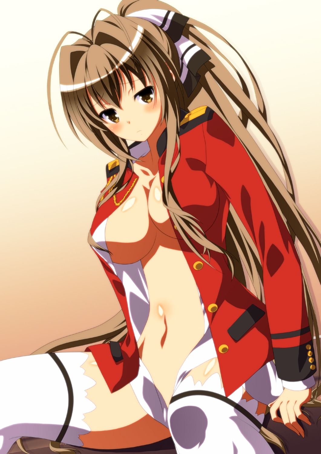 amagi_brilliant_park bottomless cleavage ka2 no_bra open_shirt sento_isuzu thighhighs uniform