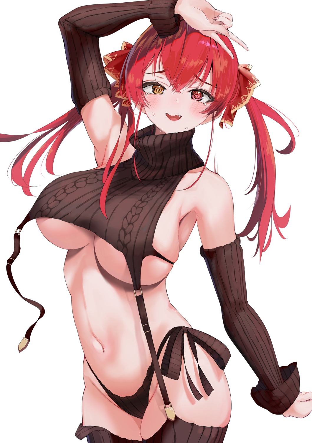 heterochromia hololive houshou_marine no_bra pantsu puripuri stockings string_panties sweater thighhighs