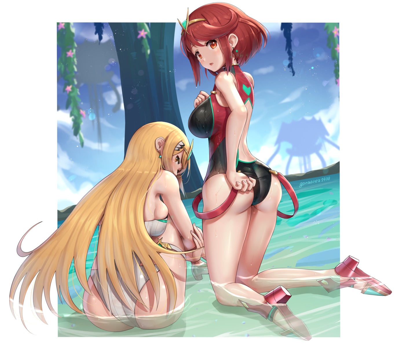 ass gonzarez heels hikari_(xenoblade_2) homura_(xenoblade_2) swimsuits wet xenoblade xenoblade_chronicles_2