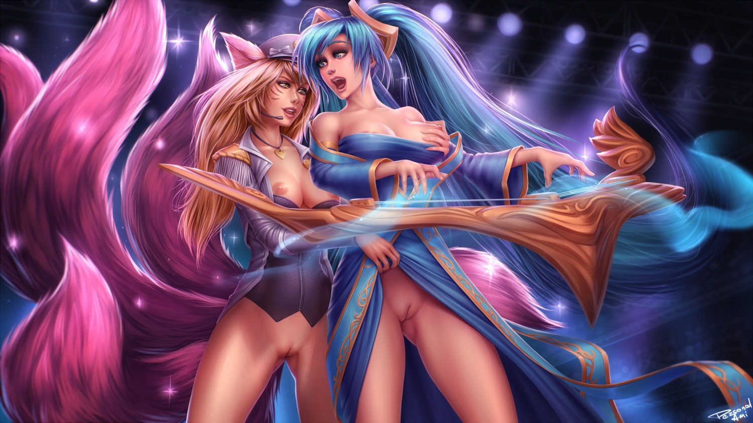 ahri animal_ears asian_clothes bottomless breast_hold breasts kitsune league_of_legends nipples no_bra nopan personal_ami pussy skirt_lift sona_buvelle tail uncensored uniform yuri