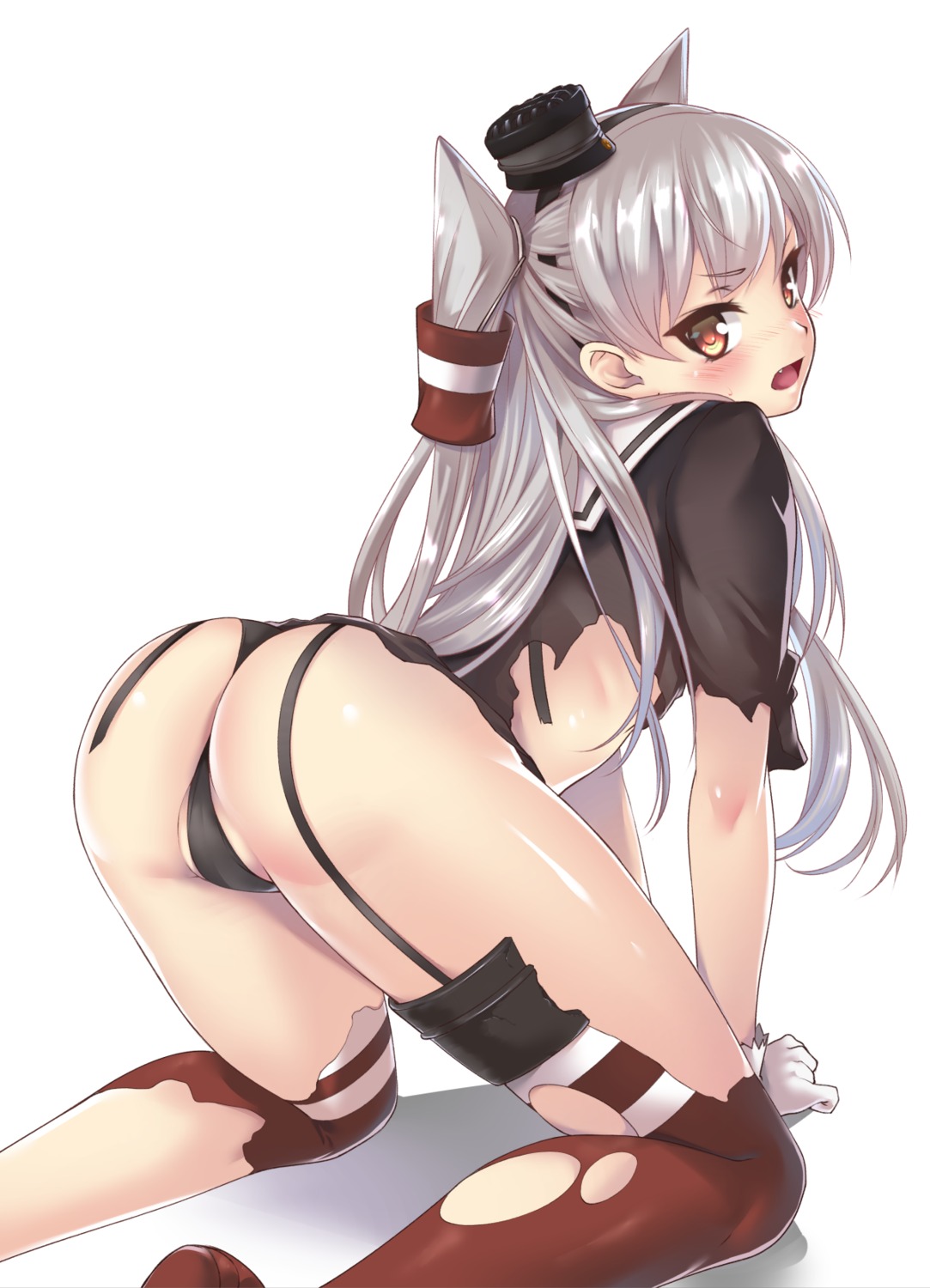 amatsukaze_(kancolle) ass cameltoe ipuu_(el-ane_koubou) kantai_collection pantsu seifuku stockings thighhighs torn_clothes