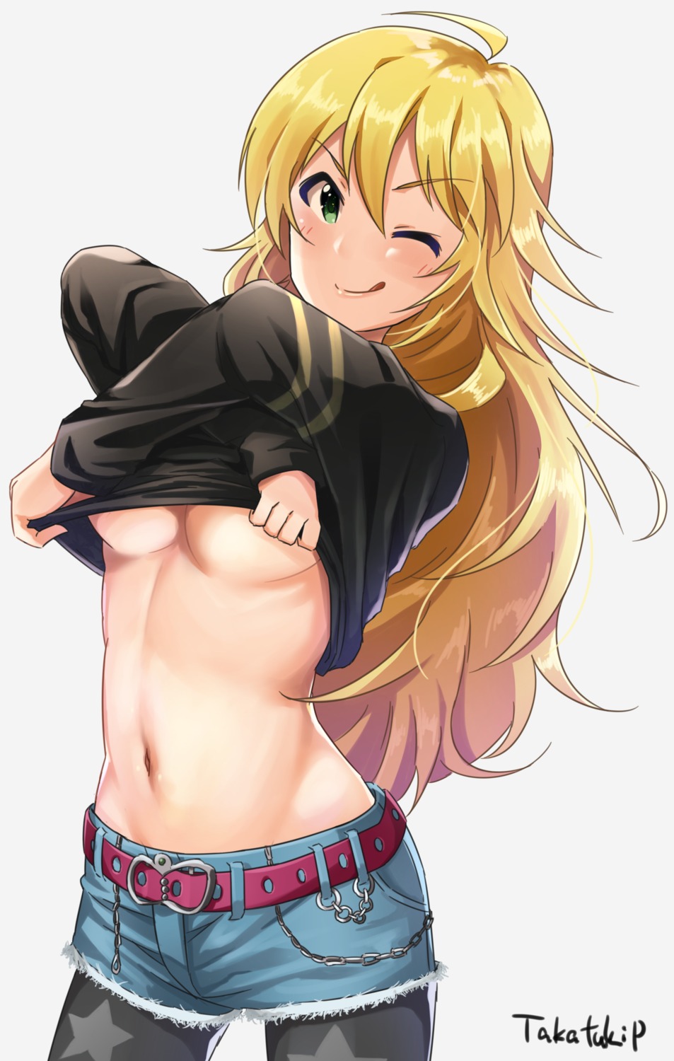 hoshii_miki no_bra pantyhose shirt_lift takatsuki_p the_idolm@ster underboob undressing