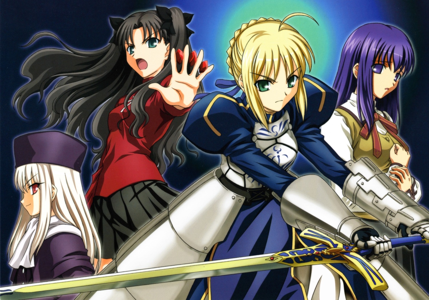 armor fate/stay_night illyasviel_von_einzbern matou_sakura saber seifuku sword toosaka_rin