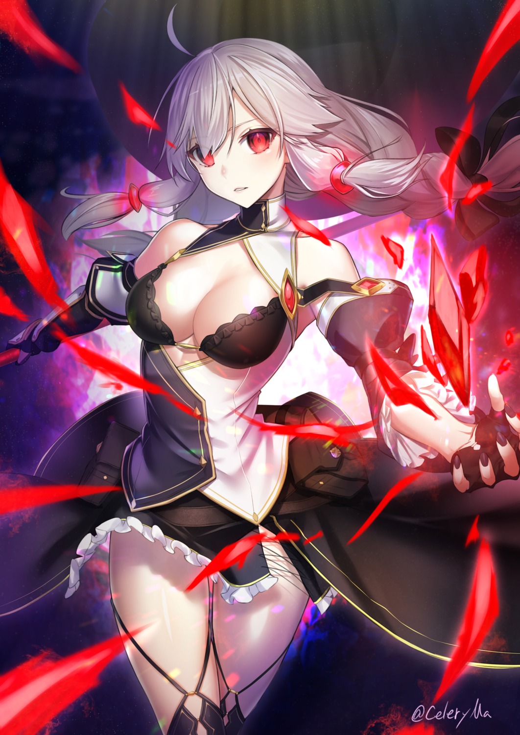 armor celeryma cleavage no_bra skirt_lift thighhighs weapon