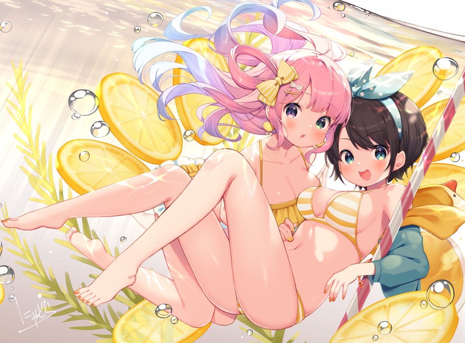 bikini feet heterochromia himemori_luna hololive nyasunyadoora oozora_subaru open_shirt swimsuits thong wet