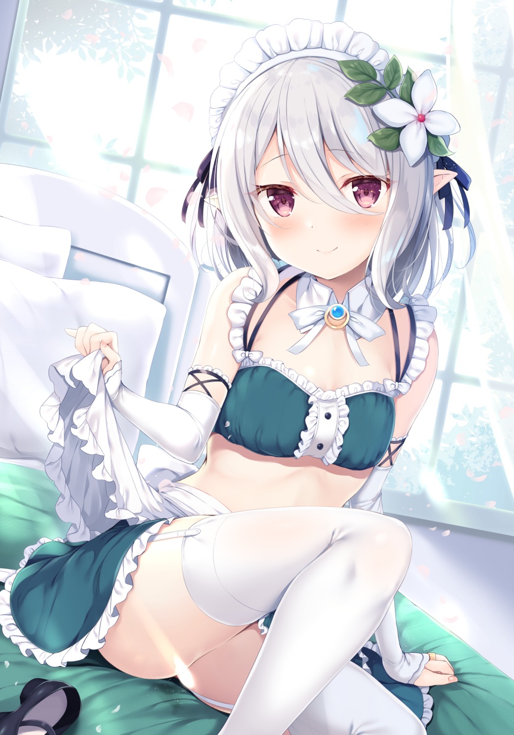 bra censored cleavage kokkoro maid pointy_ears princess_connect! princess_connect!_re:dive skirt_lift stockings thighhighs tomoo