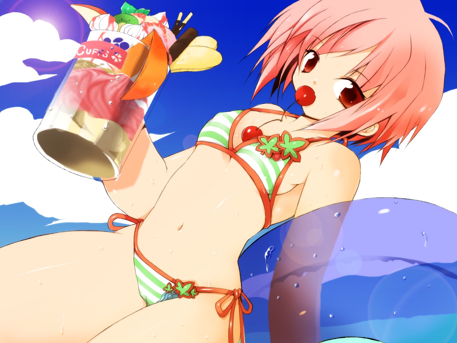 akino_momiji bikini cuffs erect_nipples kamiyoshi_rika loli sakura_musubi swimsuits wallpaper wet