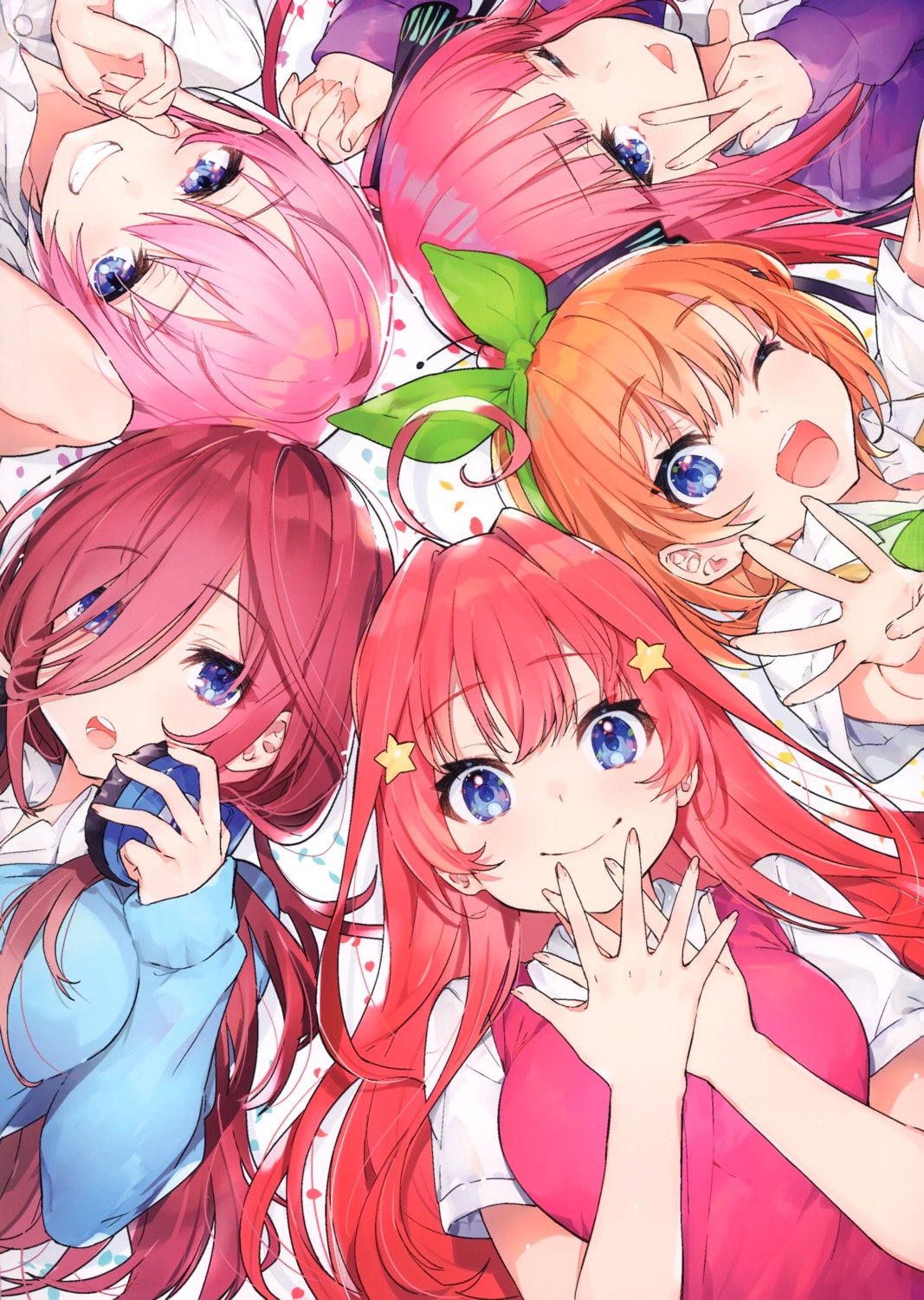 5-toubun_no_hanayome headphones mika_pikazo nakano_ichika nakano_itsuki nakano_miku nakano_nino nakano_yotsuba seifuku sweater