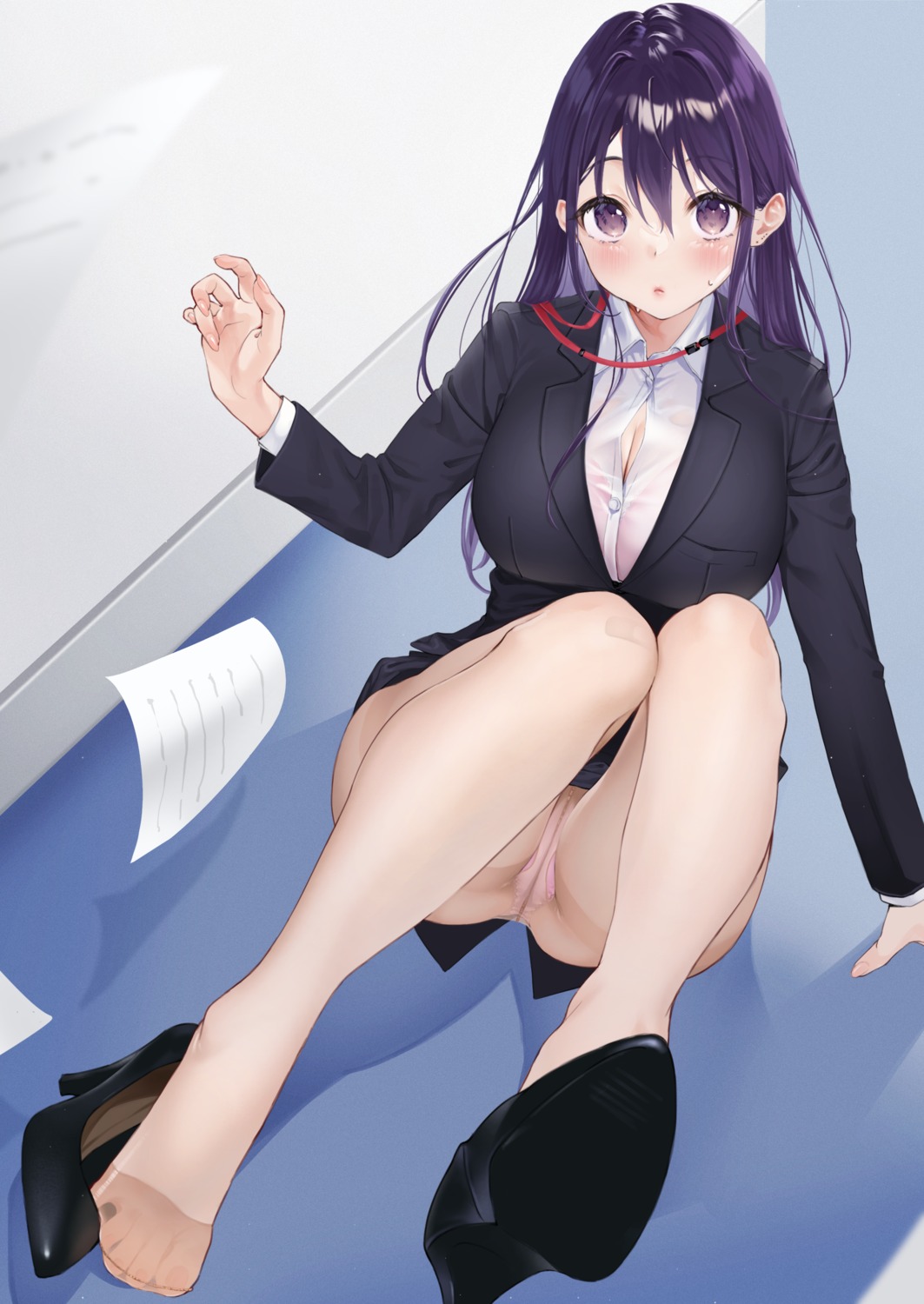 bra business_suit cleavage feet heels mugika pantsu pantyhose see_through skirt_lift