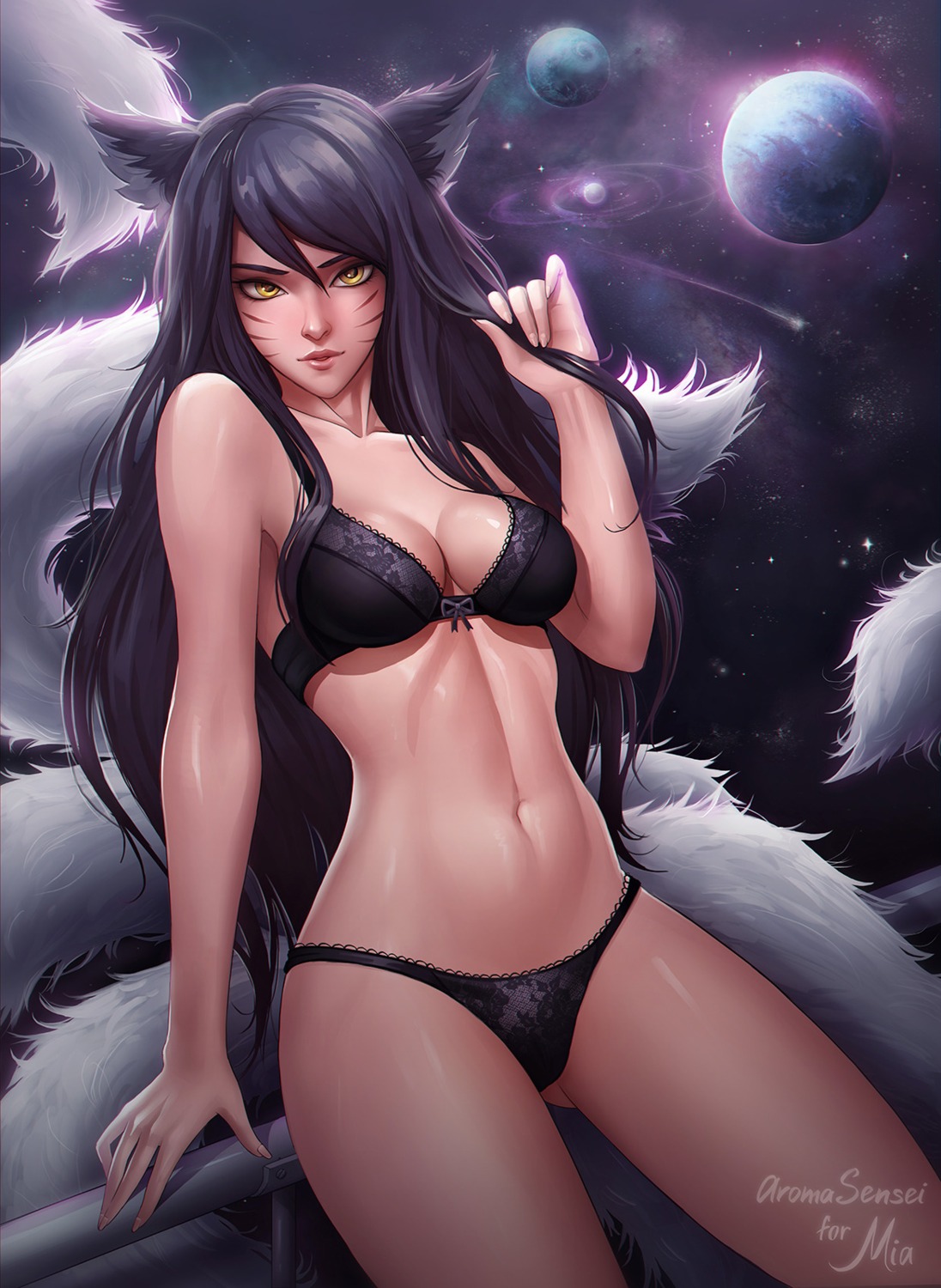 ahri animal_ears aroma_sensei bra kitsune league_of_legends lingerie pantsu tail