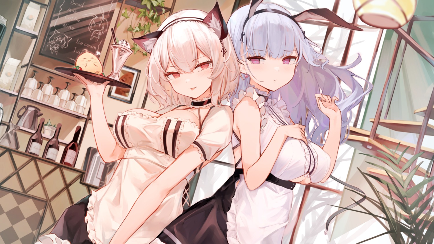 7gao animal_ears azur_lane bunny_ears dido_(azur_lane) maid nekomimi no_bra sirius_(azur_lane) underboob