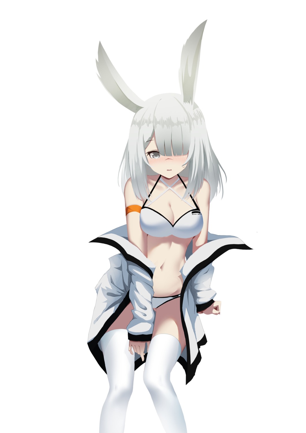 animal_ears arknights bikini bunny_ears frostnova_(arknights) huizhiyin open_shirt swimsuits thighhighs