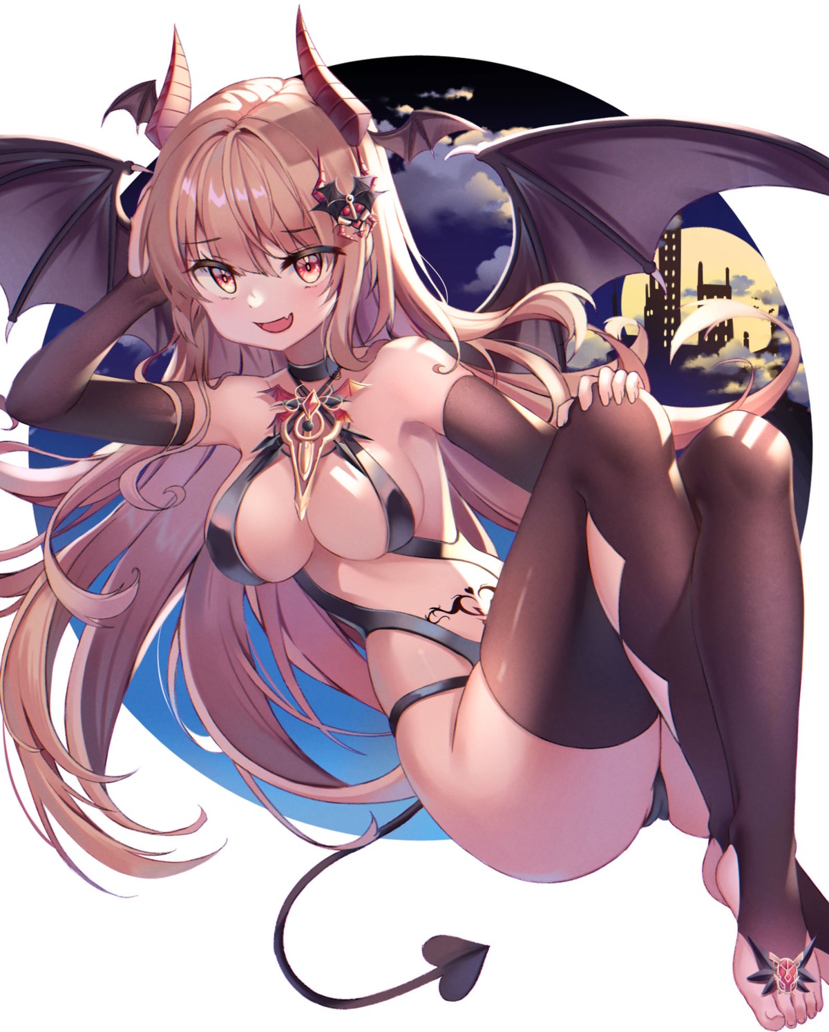 greenapple horns sling_bikini swimsuits tail tattoo thighhighs wings