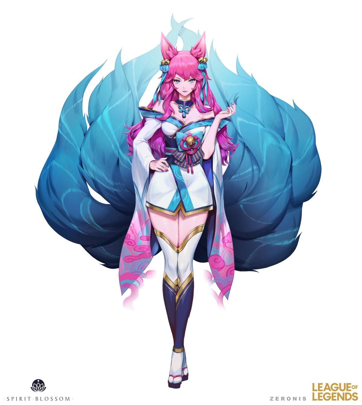 ahri animal_ears cleavage japanese_clothes kitsune league_of_legends no_bra open_shirt tail thighhighs zeronis