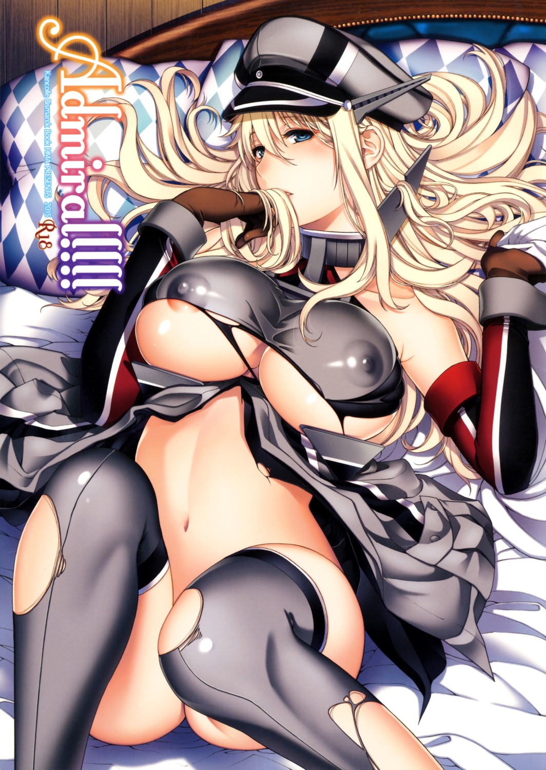 areola bismarck_(kancolle) bottomless erect_nipples hiyoshi_hana hma kantai_collection no_bra open_shirt scanning_artifacts thighhighs torn_clothes underboob uniform