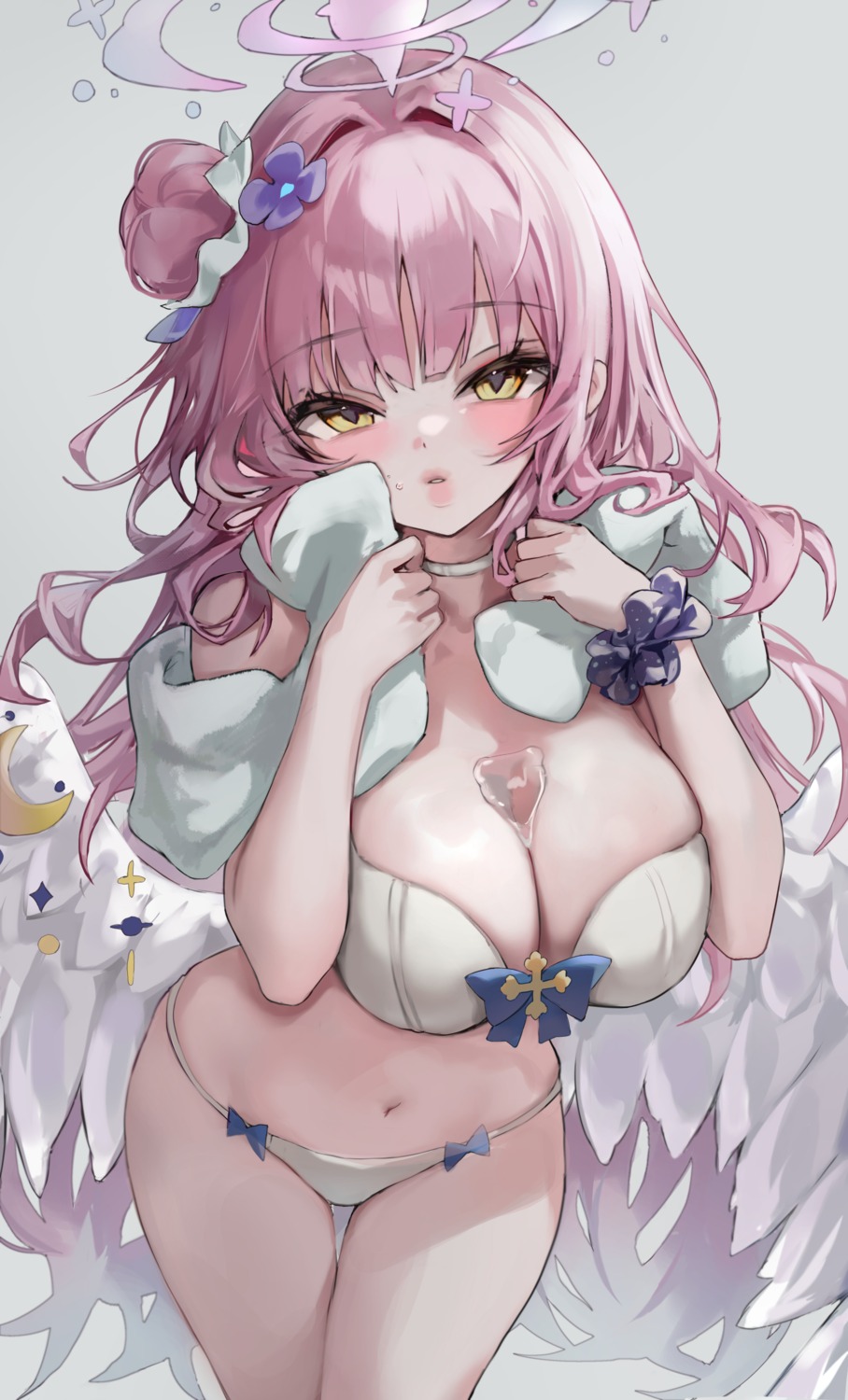 angel blue_archive bra breast_hold misono_mika pantsu r0_0ong wet wings