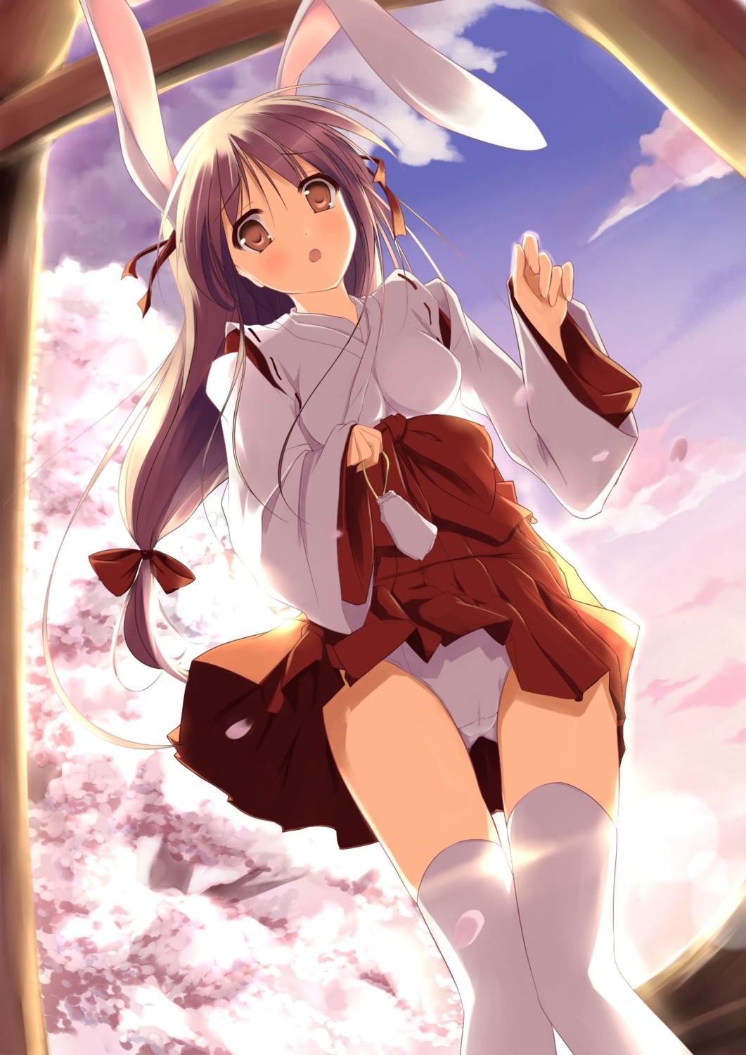 animal_ears bunny_ears jpeg_artifacts miko mycstea pantsu skirt_lift thighhighs