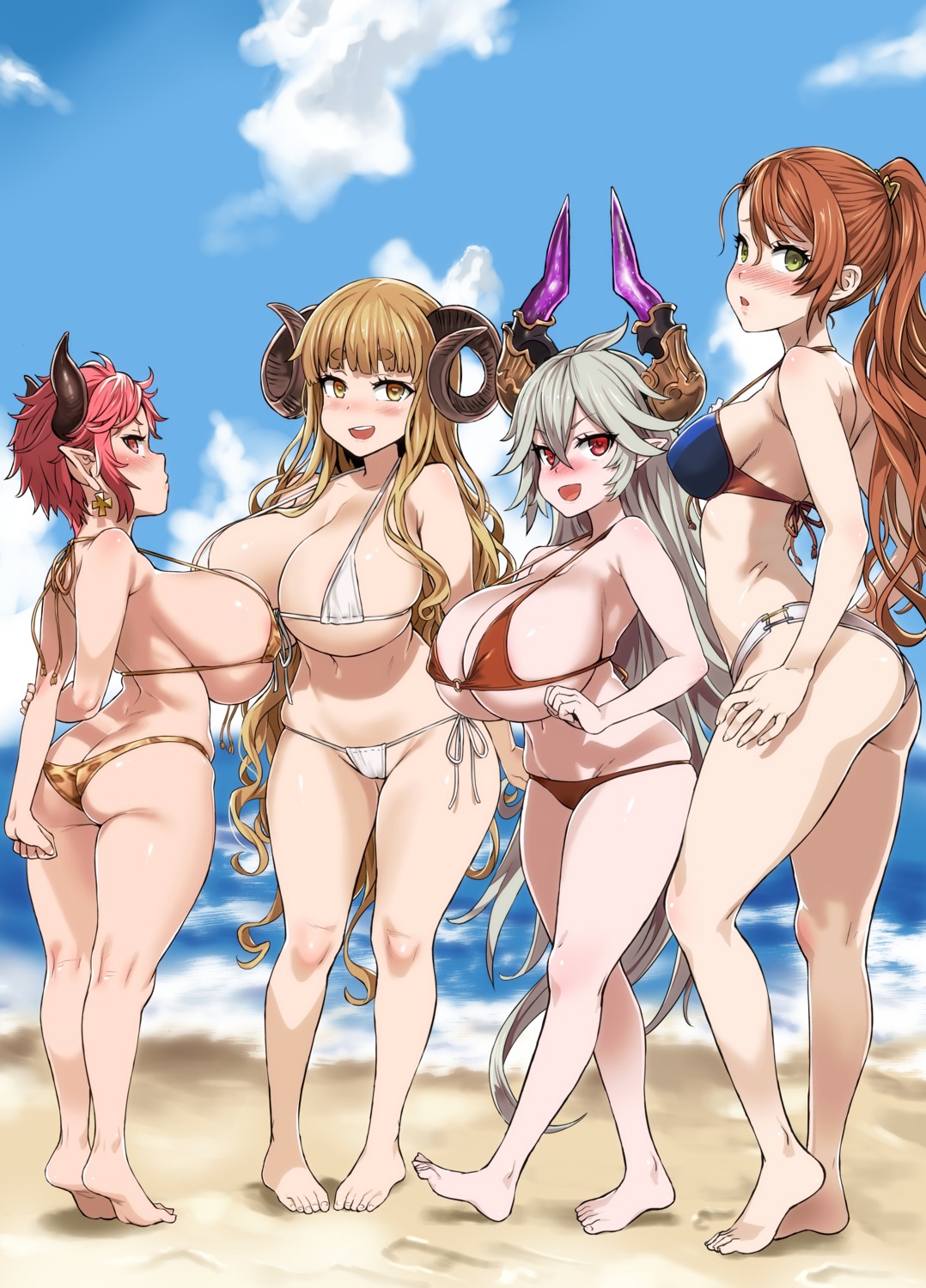 anila_(granblue_fantasy) asanagi ass beatrix_(granblue_fantasy) bikini cameltoe erect_nipples granblue_fantasy horns pointy_ears sturm_(granblue_fantasy) swimsuits threo