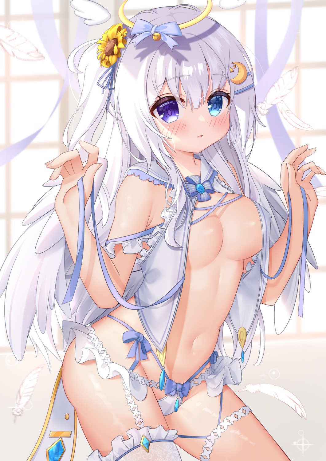 garter heterochromia hiyada_yuu no_bra open_shirt pantsu stockings thighhighs