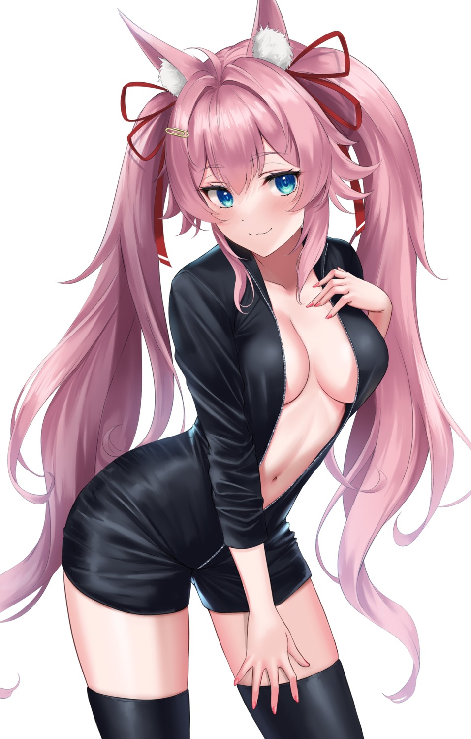 animal_ears no_bra open_shirt rama_(yu-light8) thighhighs