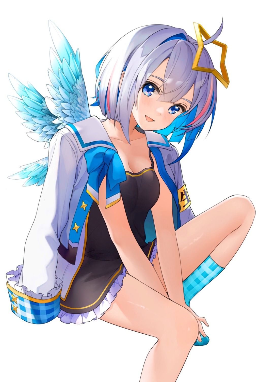 amane_kanata angel cleavage hololive skirt_lift tate_yukimi wings