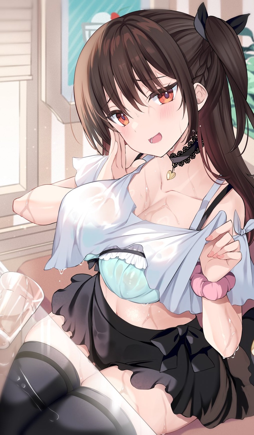 bra sansyoku_amido. see_through shirt_lift thighhighs wet wet_clothes