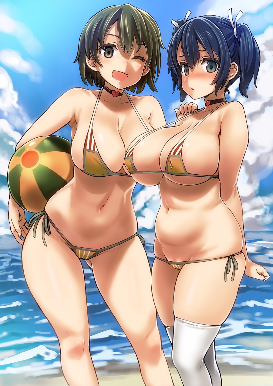 asanagi bikini cleavage hiryuu_(kancolle) kantai_collection souryuu_(kancolle) swimsuits thighhighs