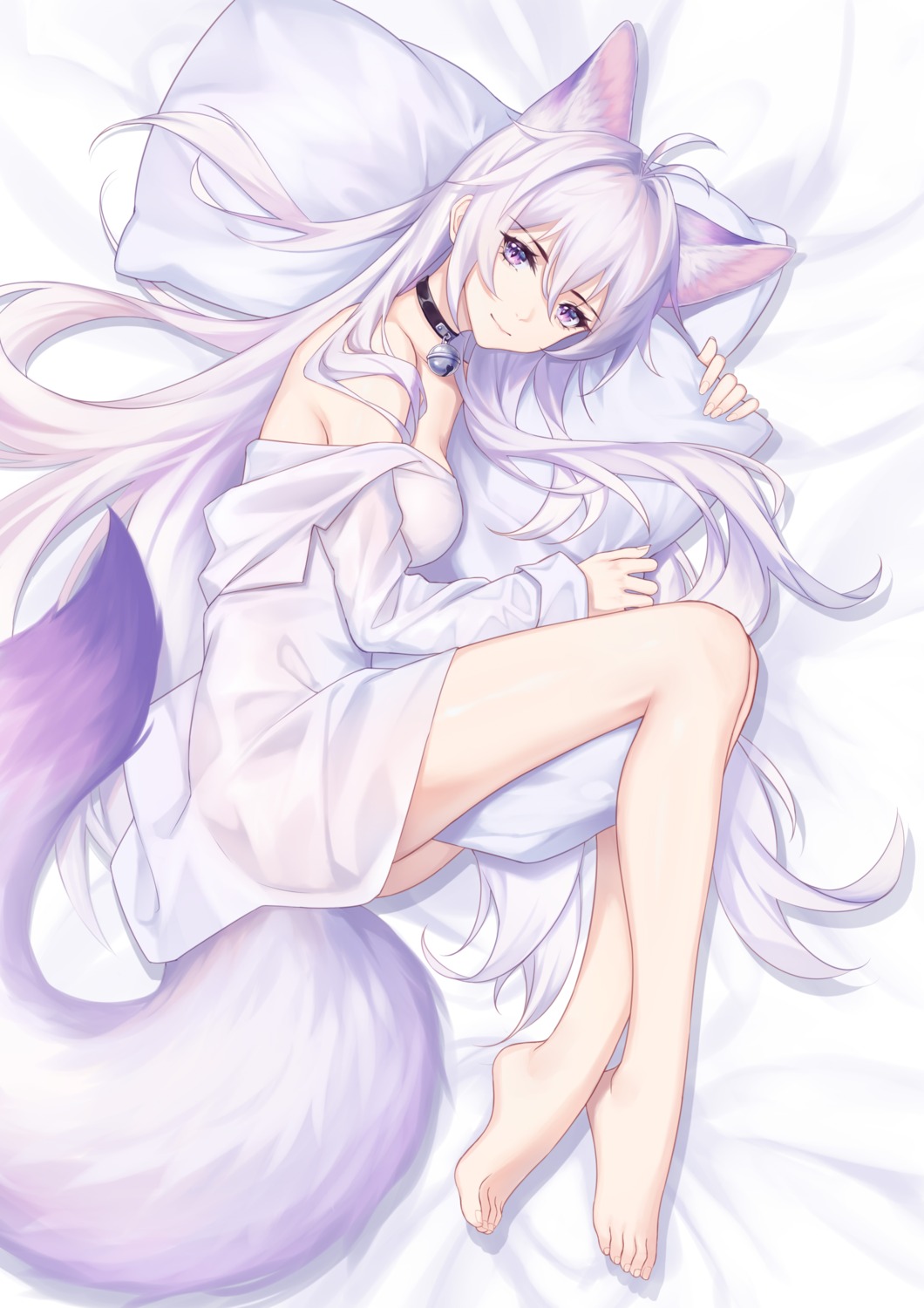 animal_ears bottomless dress_shirt kirby_d_a kitsune no_bra open_shirt see_through tail