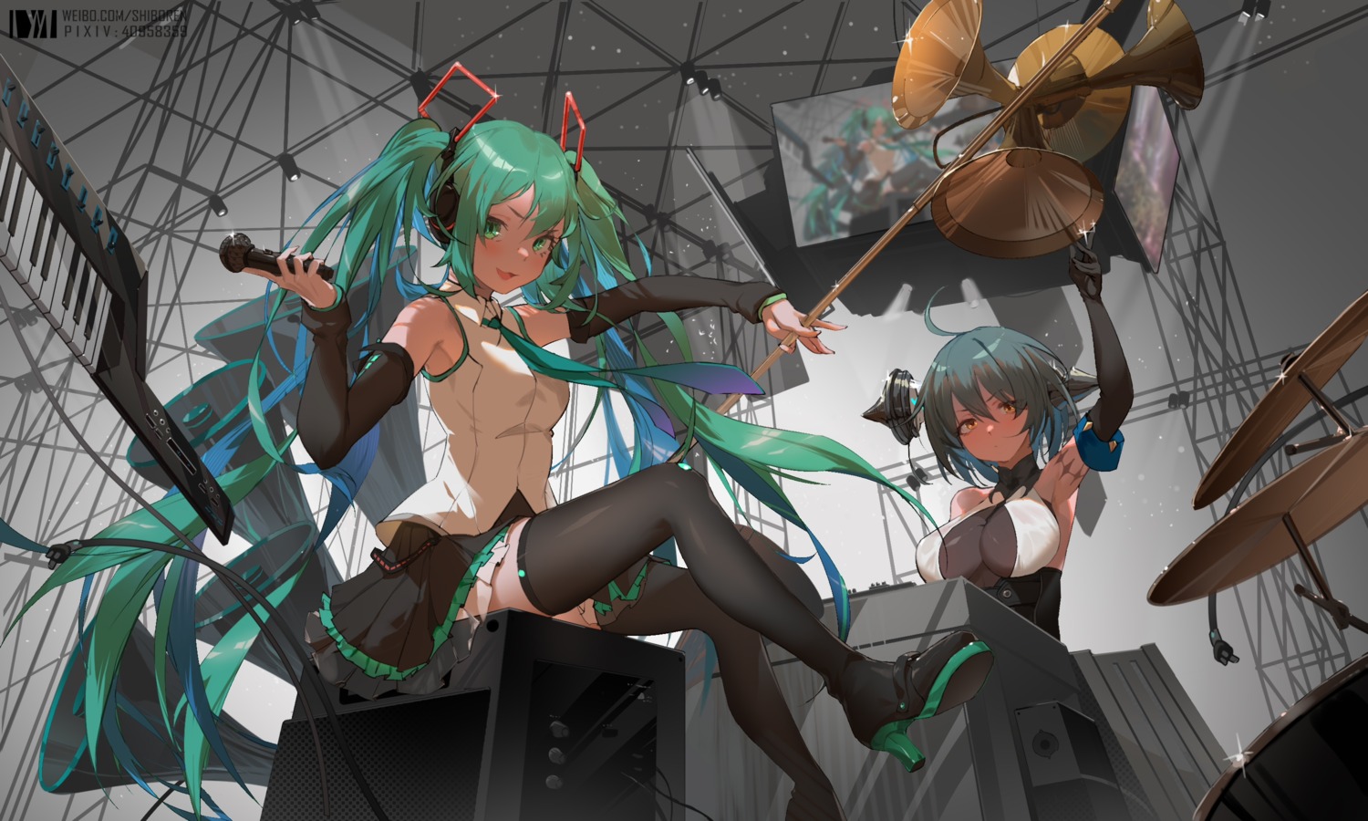 dm_(dai_miao) hatsune_miku headphones heels masterwork_apocalypse no_bra skirt_lift thighhighs vocaloid