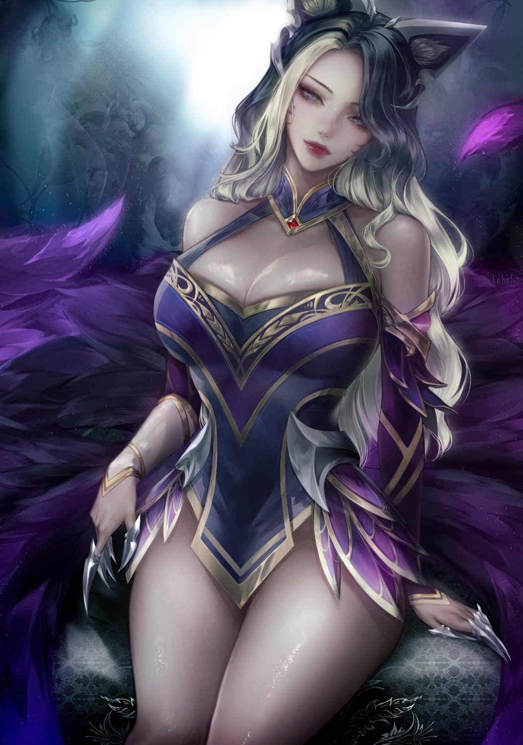 ahri animal_ears cleavage dress kitsune league_of_legends lohel no_bra tail