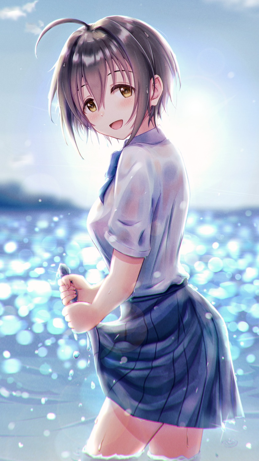 kohinata_miho masuku_(saint_mask) see_through seifuku skirt_lift the_idolm@ster the_idolm@ster_cinderella_girls wet wet_clothes